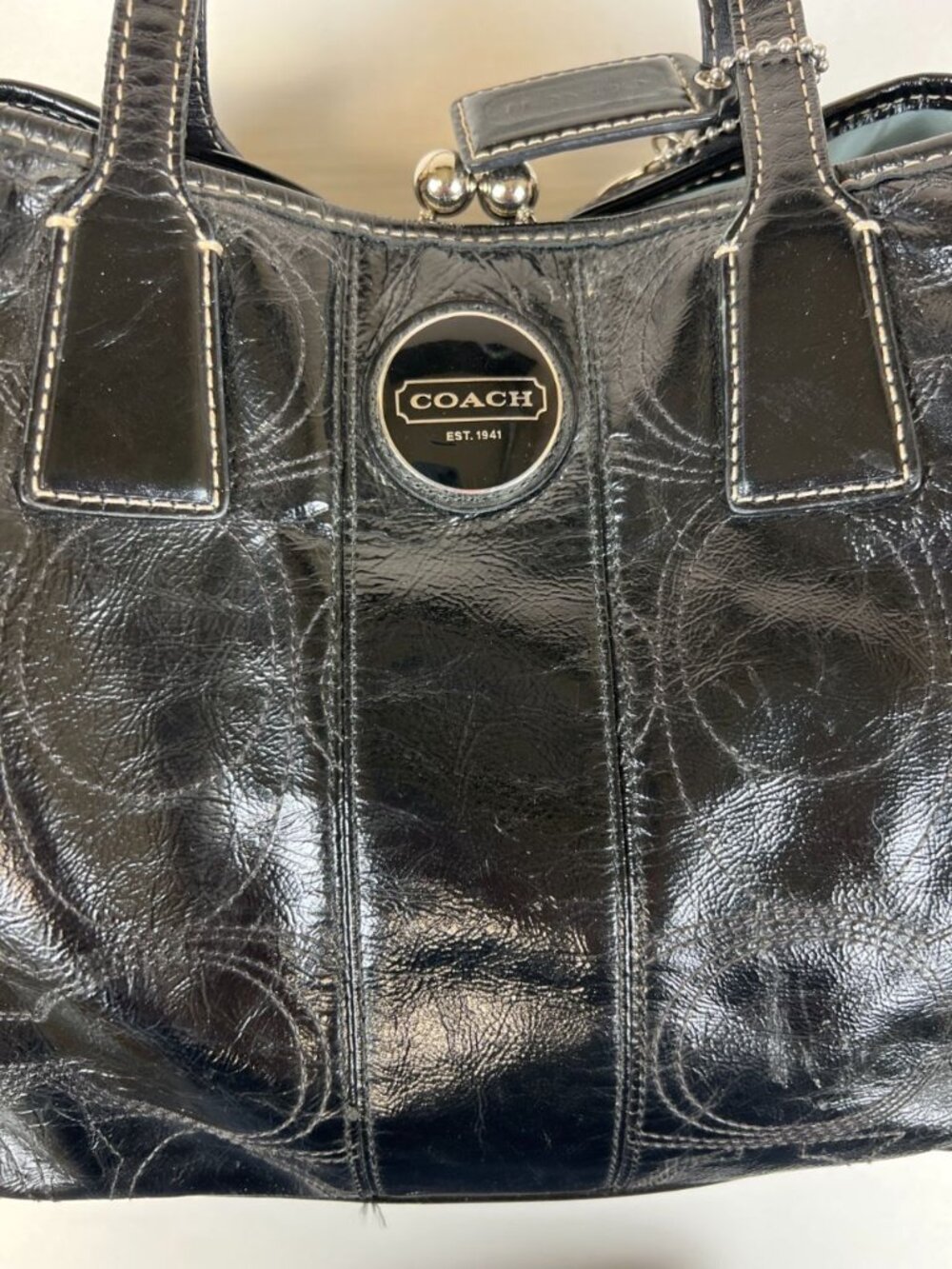 Coach Signature Stitch Frame Carryall Black Patent Leather Bag F15658 - Picture 6 of 16